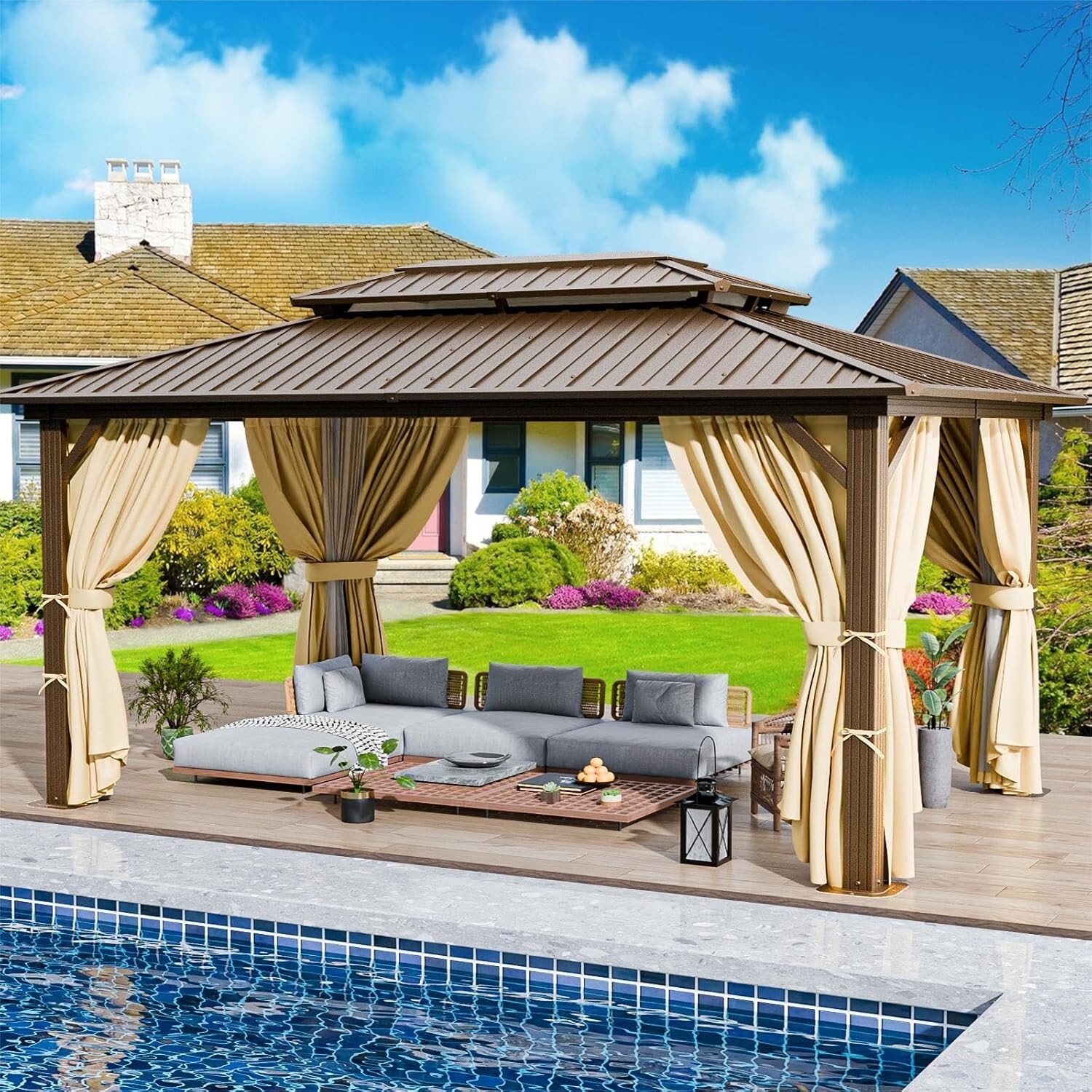 10' x 12' Outdoor Hardtop Gazebo Canopy w/ Aluminum Frame Sidewalls, Brown NEW\ gallery