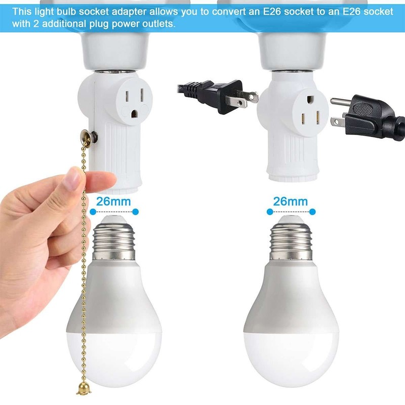 E26/E27 Light Bulb Socket Adapter With 2 AC Outlet Plug And Pull Chain Switch gallery