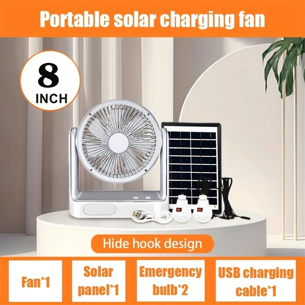 8 INCH Rechargeable Fan 30 dB With solar panel, Variable Speed and 2 Free bulbs gallery