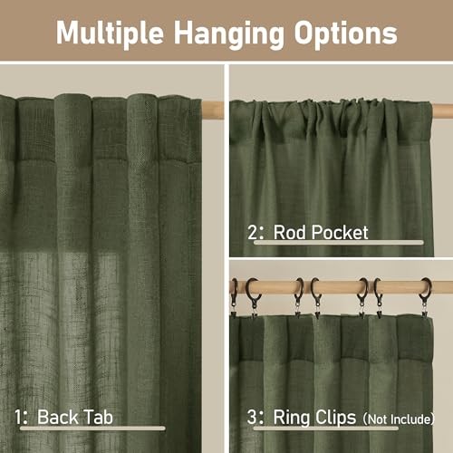 Semi Sheer Linen Curtains, Light Filtering 34"W x 63"L (Pack of 2) Olive Green gallery