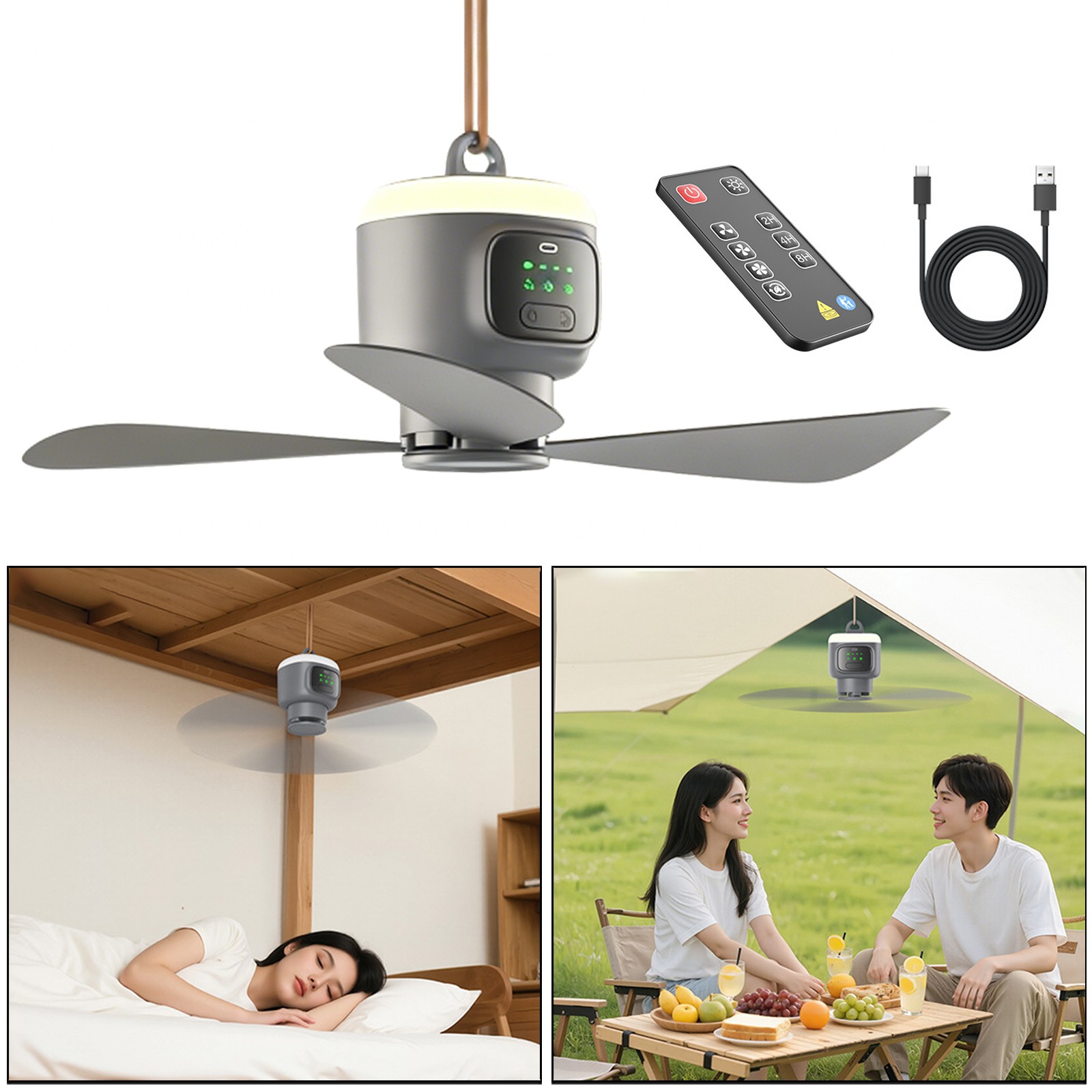 12000mAH USB Ceiling Fans for Camping Home ,w/ Light and Remote Control 3-Speed gallery