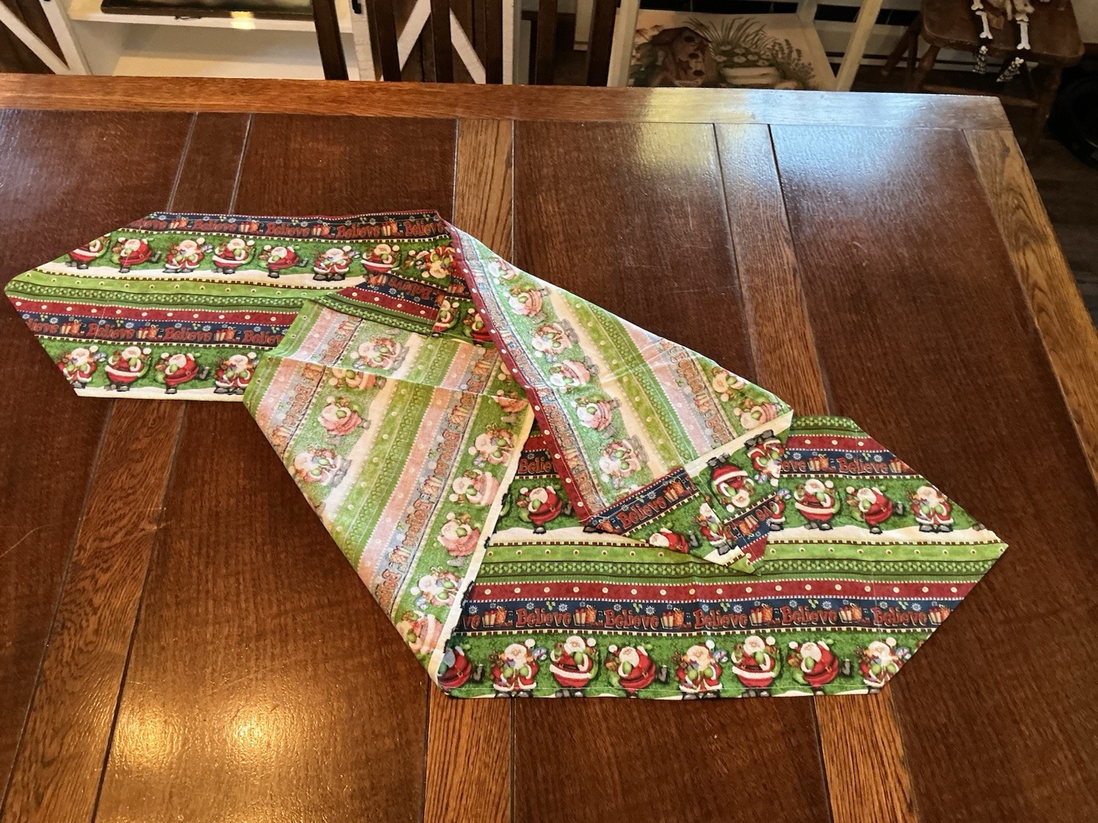 2 Christmas Table Runners “Believe” In Santa Claus 40.4”x11” & 38”x10” Pointed gallery