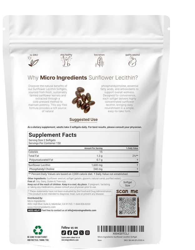 Micro Ingredients Sunflower Lecithin 1,600mg Per 300 Count (Pack of 1) gallery