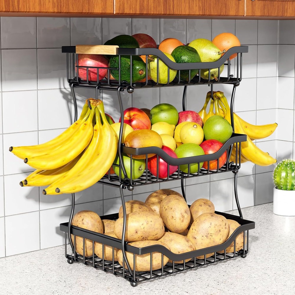 3-Tier Fruit Basket for Kitchen Counter, Wall Hanging Fruit Bowl with 2 Hangers