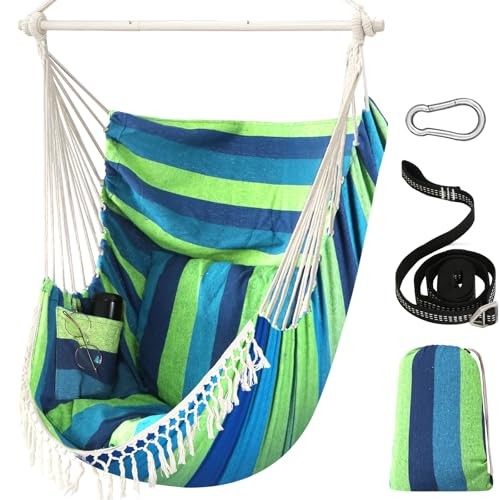 Hammock Chair Hanging Swing Max 500 Lbs 2 Cushions 130x100cm Blue Green gallery