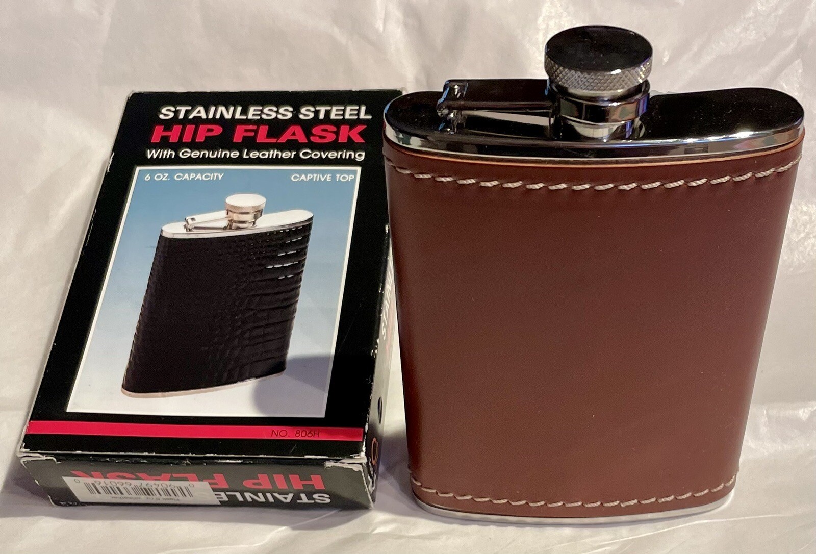Stainless Steel 6oz Hip Flask With Genuine Brown Stitched Leather Covering New gallery