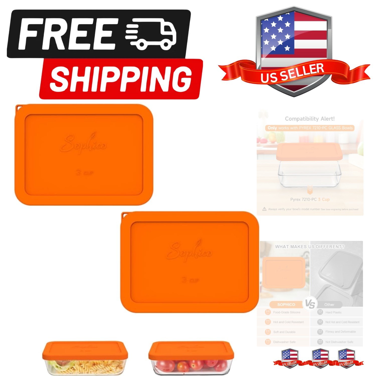 3 Cup Rectangle Silicone Storage Cover Lids Replacement for Pyrex 7210-PC Gla... gallery