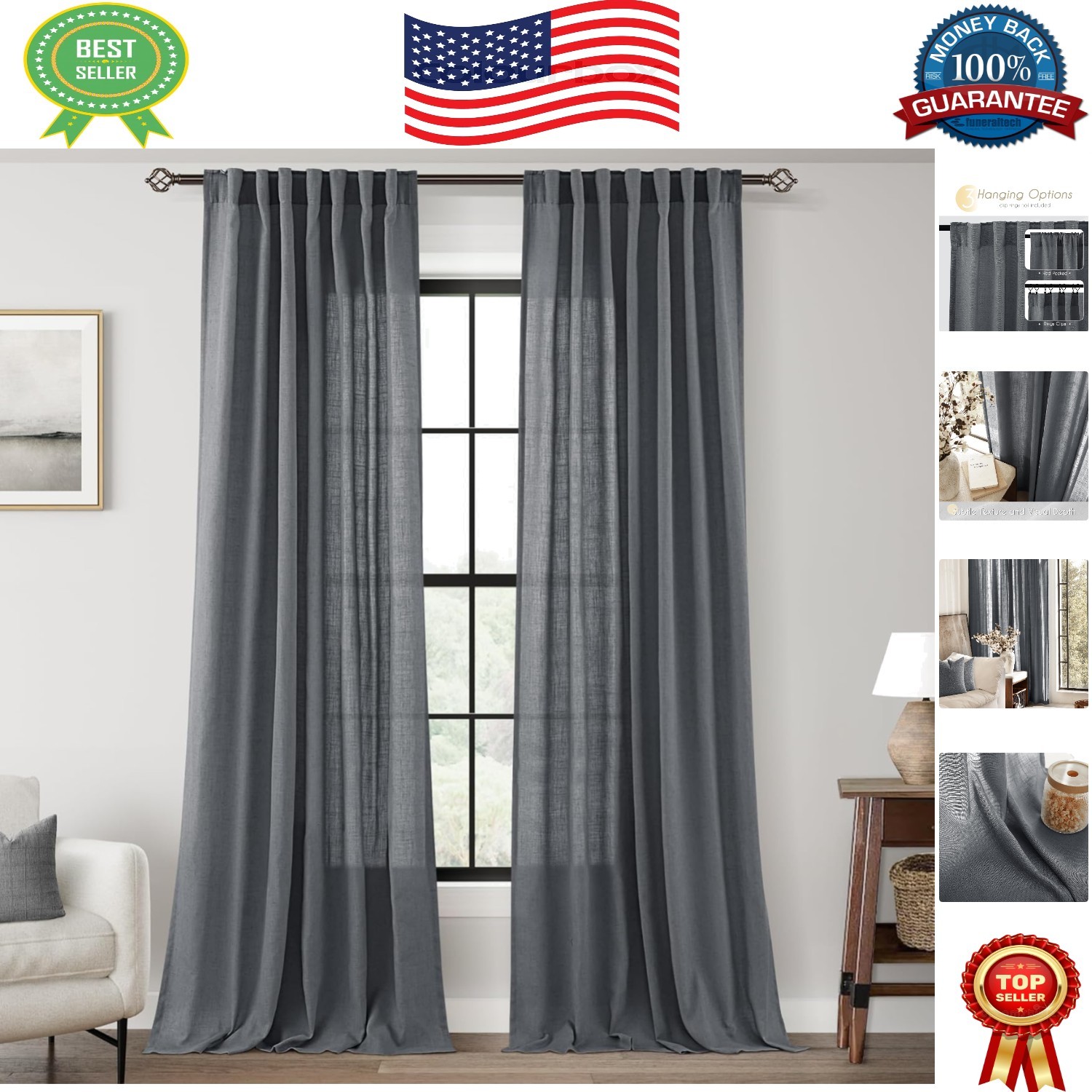 2-Piece Dark Gray Modern Farmhouse Curtains 84" Long - Breathable & Stylish gallery
