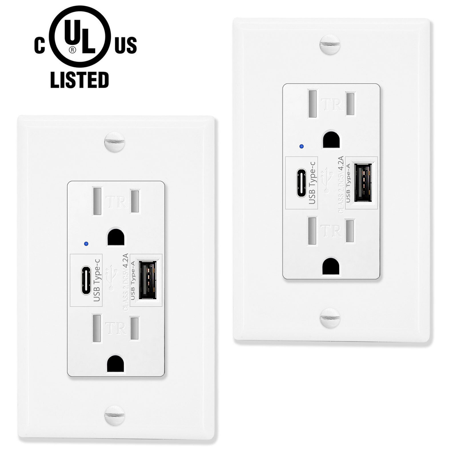 2PK 4.2A Dual USB Type-C Type-A Wall Outlet 15A Power Charger Duplex Receptacle gallery