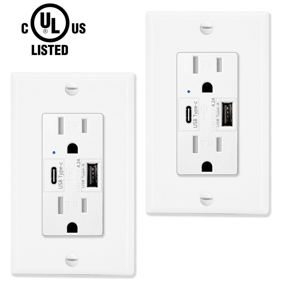 2PK 4.2A Dual USB Type-C Type-A Wall Outlet 15A Power Charger Duplex Receptacle