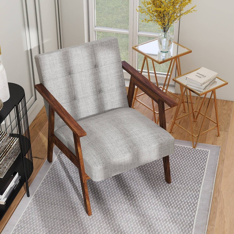 Chair Solid Wood Framed Leather Mid-Century Armchair light Gray for Living Room gallery