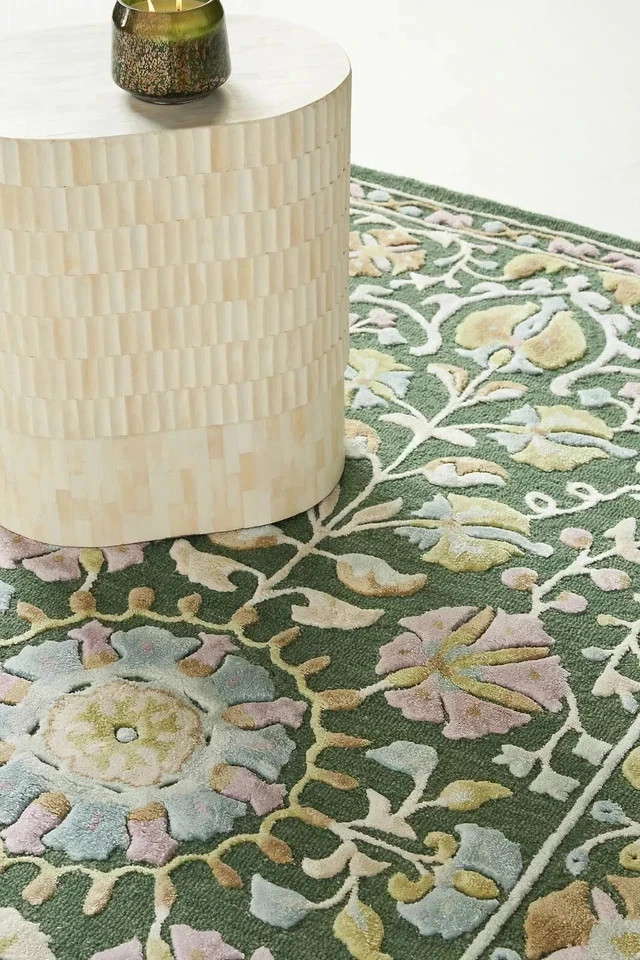 Handmade Wool & Silk Tufted Rug Floral Botanical Design Green Carpet gallery
