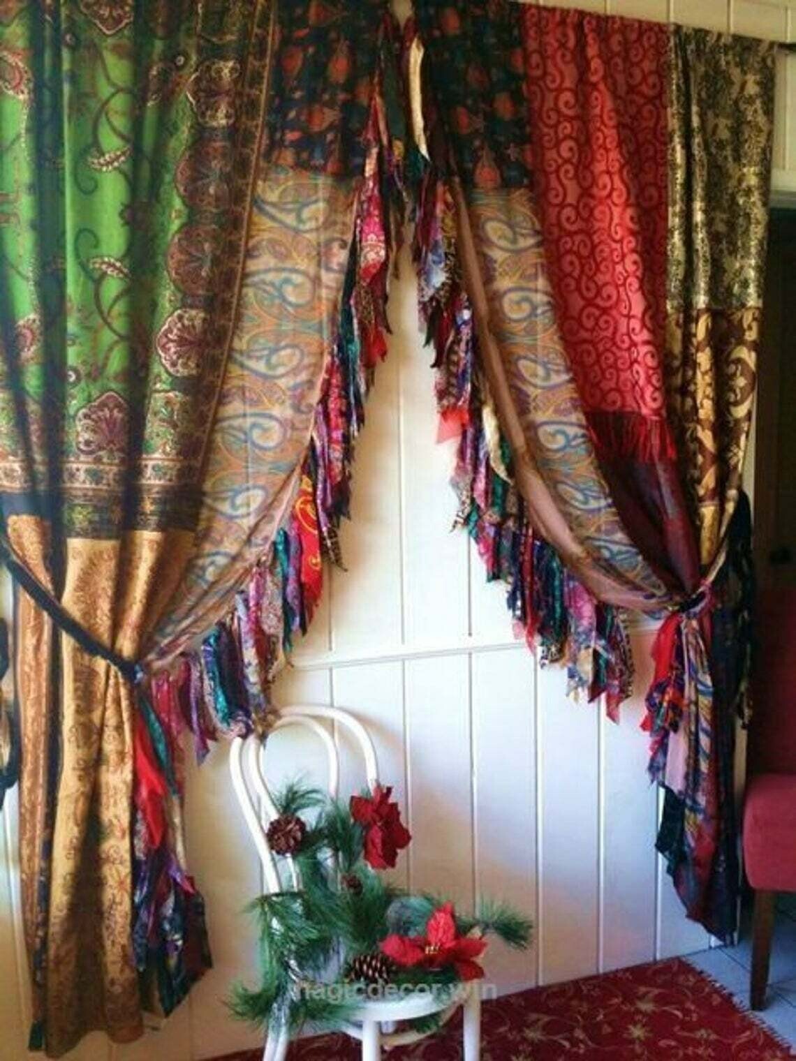2 Pcs Indian Sari Patchwork Curtain Drape Window Decor Multi Silk Sari Curtain gallery