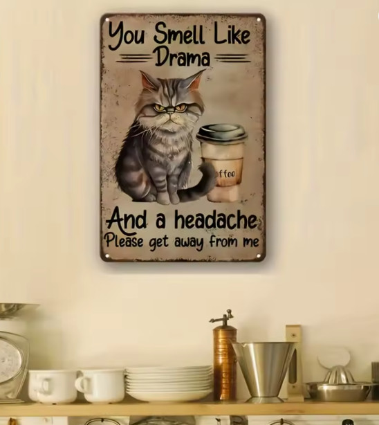 Unique VIntage Angry Kitchen Cofffee Kitten Cat Drama Metal Tin Sign 8 x 12 gallery