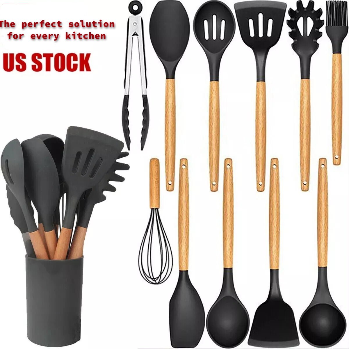 12-Pcs Kitchen Silicone Utensils Set with Heat Resist Wooden Handle Black gallery