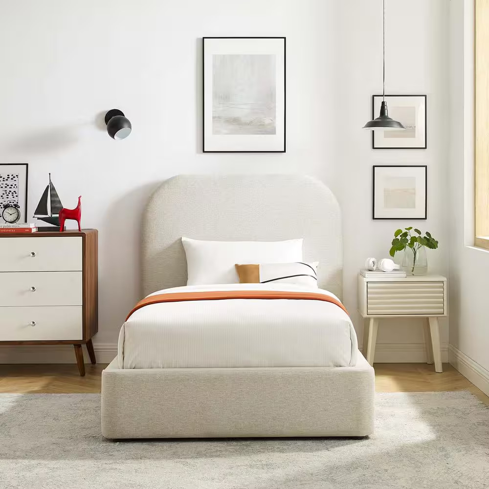 Keynote White Frame Twin Platform Bed with Upholstered Fabric