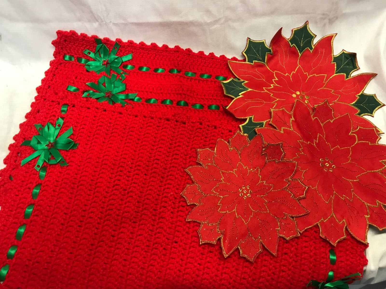 2 Christmas Placemats & one center tablemat poinsettias detached Holiday decor gallery