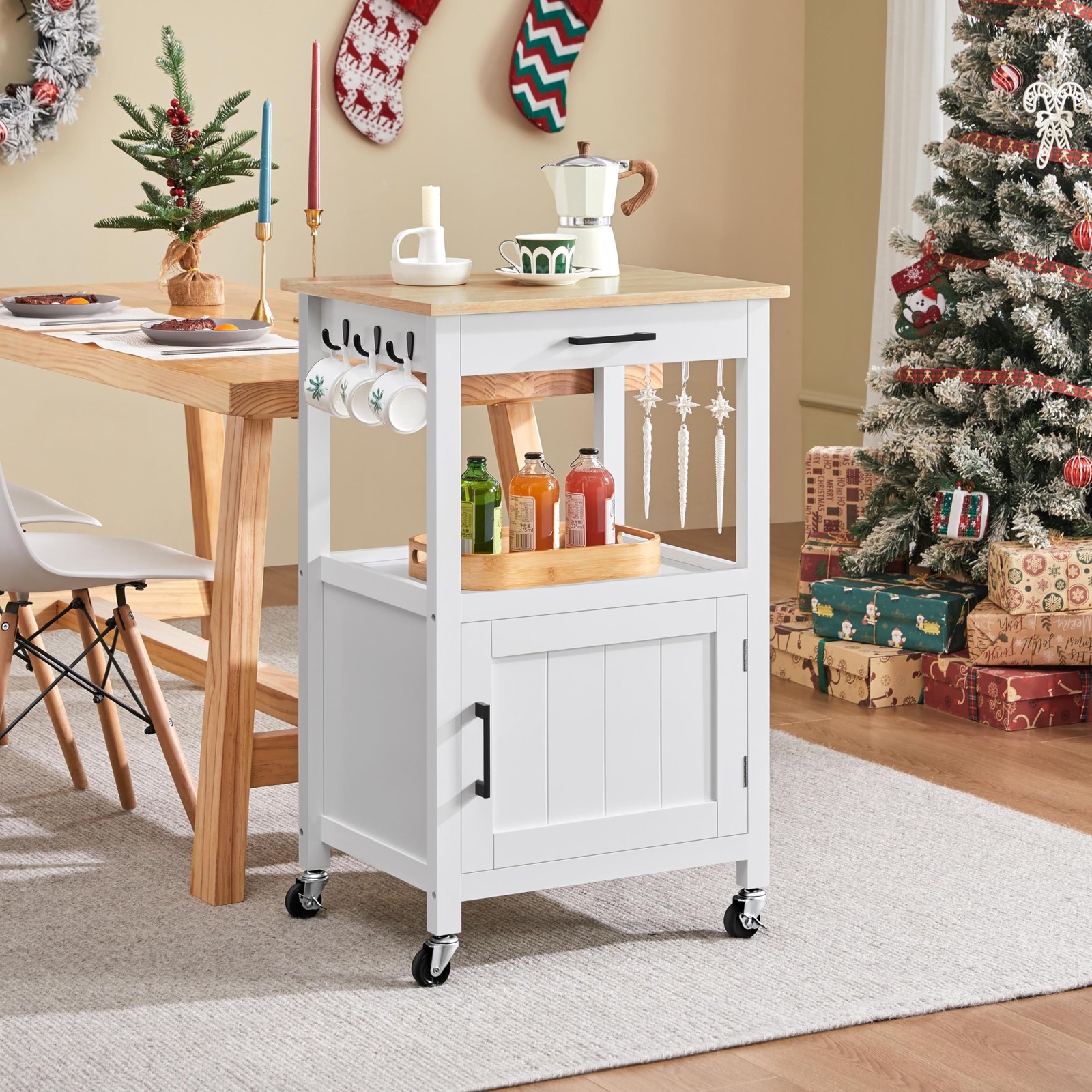 Kitchen Island Cart w/Storage, Rolling Kitchen Island on Wheels w/6 Hooks, White gallery
