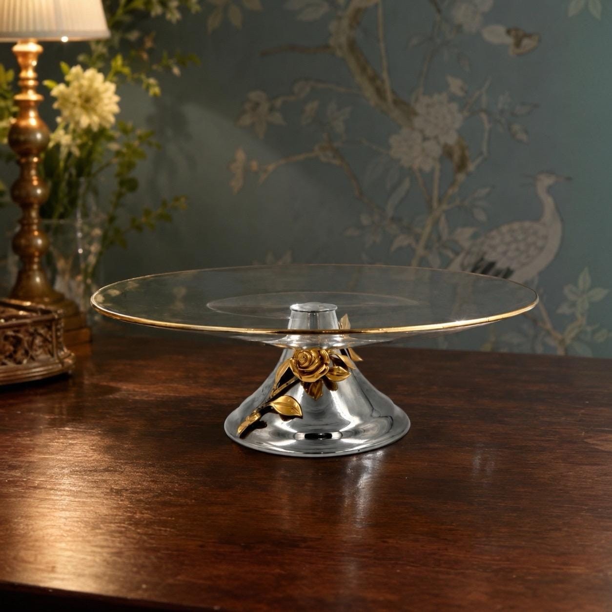 Vintage Cake Stand Oneida Golden Damask Rose 24K Gold Crystal Pedestal gallery