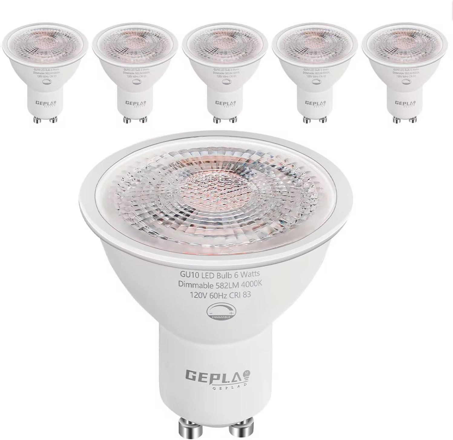 6-Pack GU10 LED Bulbs 6W (50W Equivalent), Dimmable 4000K Cool White, 580LM, Per gallery