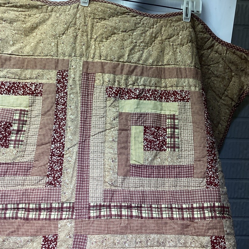 Full Quilt Red Tan Log Cabin Patchwork Cotton "Victorian Heart" 86" x 86" 1 Sham gallery