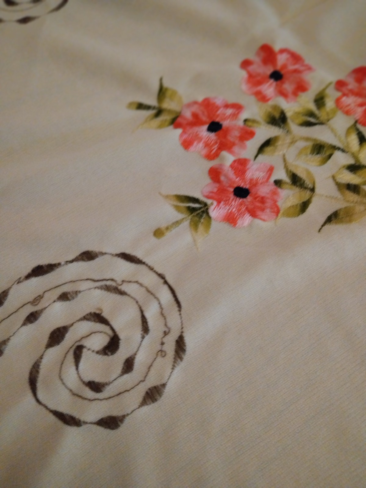 Tablecloth, 57 x 50 in. Embroidered with flowers, leaves & scroll patterns gallery