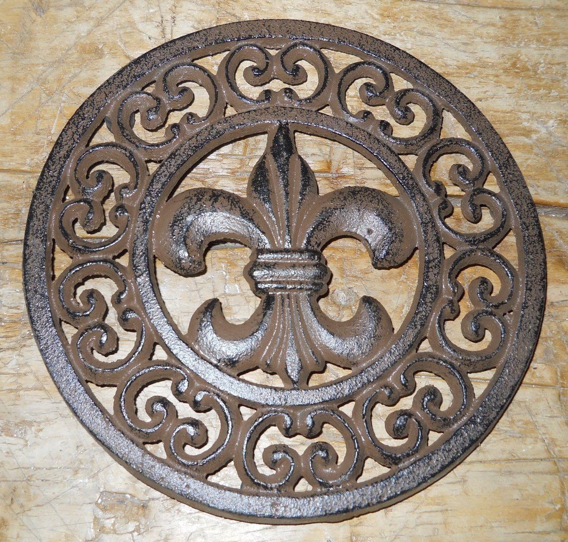 Cast Iron Round FLEUR DE LIS Plaque Sign Rustic Saints Decor TRIVET French gallery