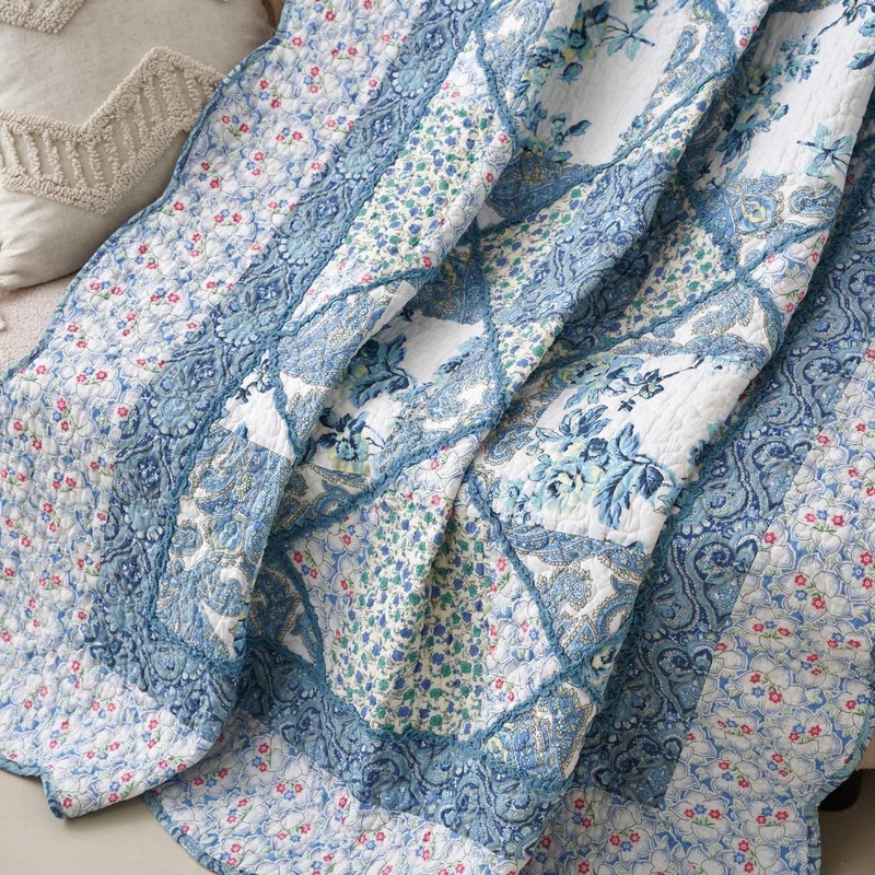 Tache Cotton Patchwork Petal Dance Blue White Floral Paisley Quilt Throw Blanket gallery