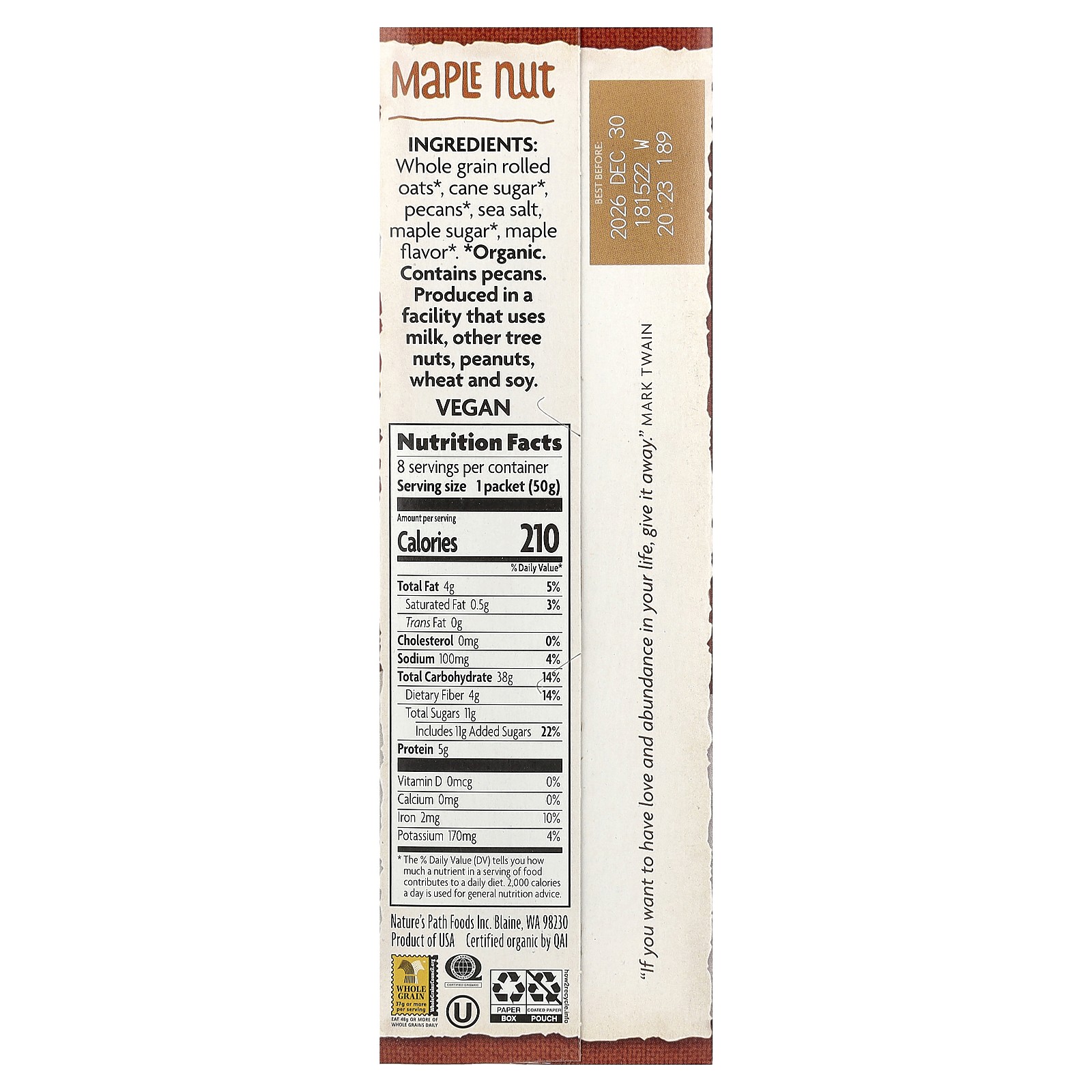 Organic Instant Oatmeal, Maple Nut, 8 Packets, 14 oz (400 g) gallery