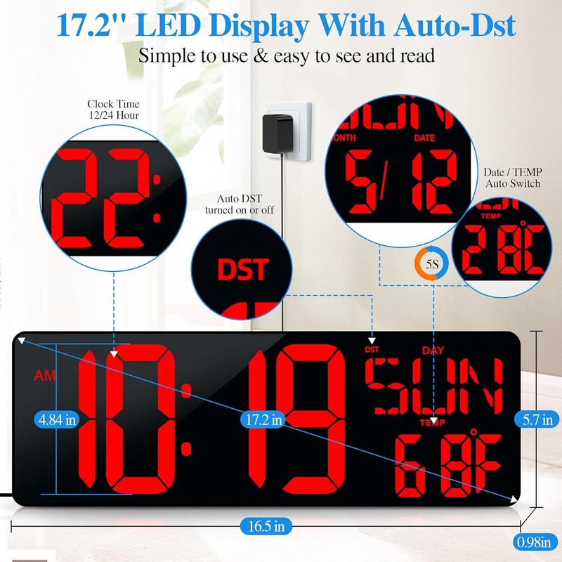 17.2" Large LED Digital Wall Clock w/ Remote Control &Auto-Adjustable Brightness gallery