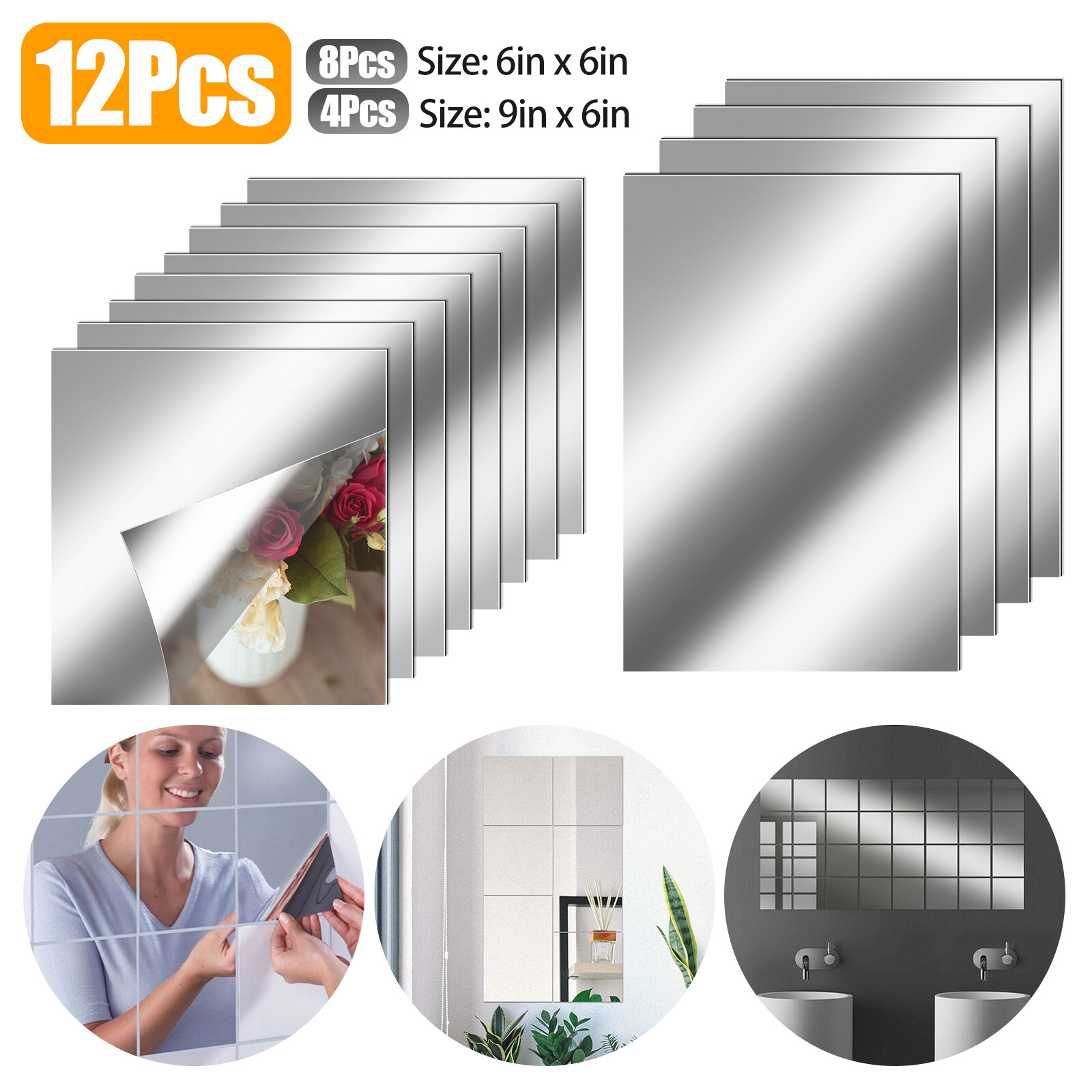 12Pcs 2-Size Self Adhesive Mirror Sheets Reflective Wall Sticker Film Home Decor gallery