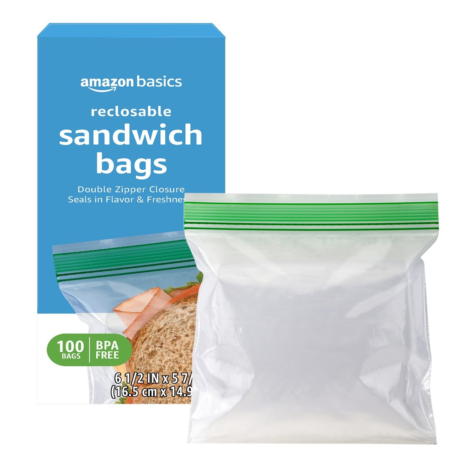 Amazon Basics Reclosable Double Zipper Sandwich 100 Count (Pack of 1), clear gallery