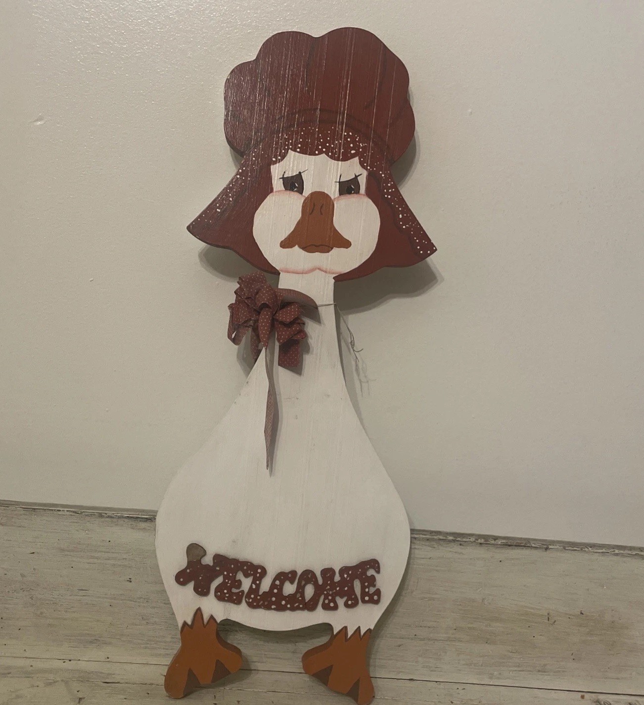 Vtg Country Grumpy Goose Hand Painted Wood Wall Hanging Red Polka Dot 22” READ gallery