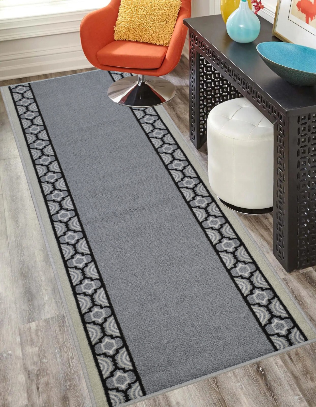 Custom Size Rubber Collection Trellis Design Grey Non Slip Washable Runner Rug gallery