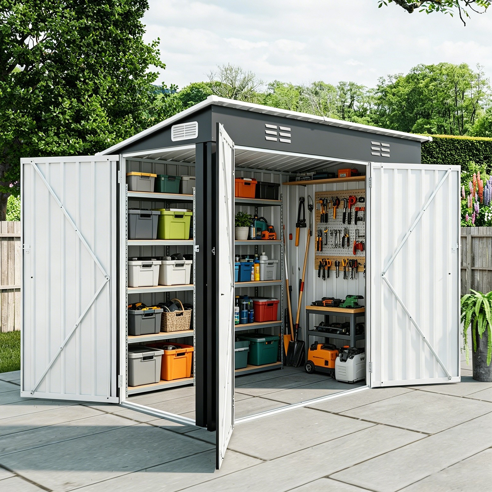 4' x 8' Outdoor Storage Shed with 3 Access Doors Weatherproof Metal Utility Shed gallery