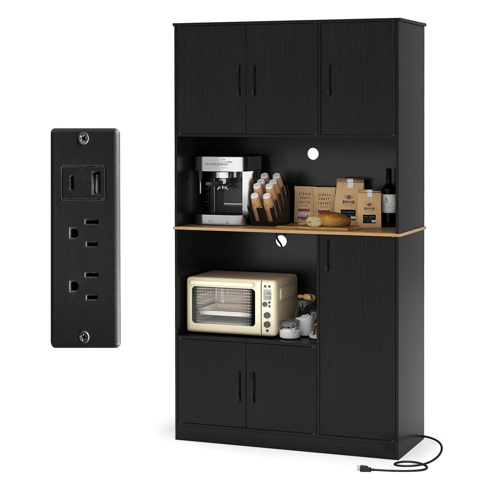 71" Tall Kitchen Pantry Cabinet with Charging Station Microwave Stand & Doors gallery