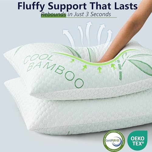 Memory Foam Pillows, Cooling Pillows Queen Queen (Pack of 2) Green-white Bamboo gallery