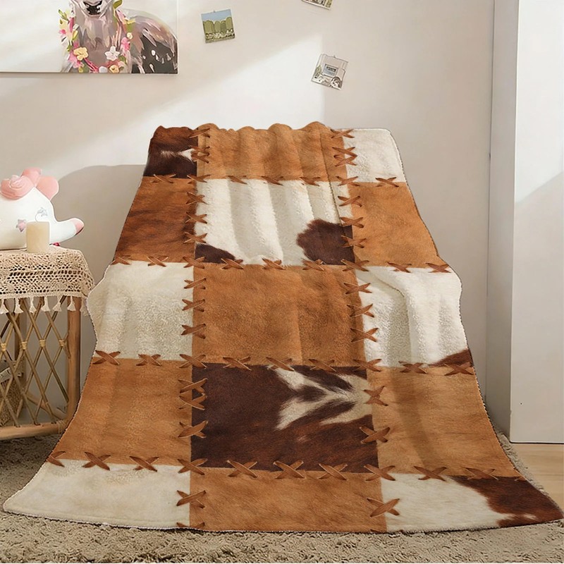 Cowhide Patchwork Flannel Blanket Soft Cozy Tapestry Napping Travel Use gallery