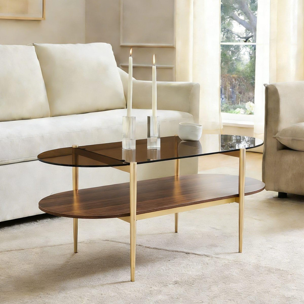 Oval Rectangle Coffee Table with Amber Brown Glass Top, Mid-Century Modern Coffe