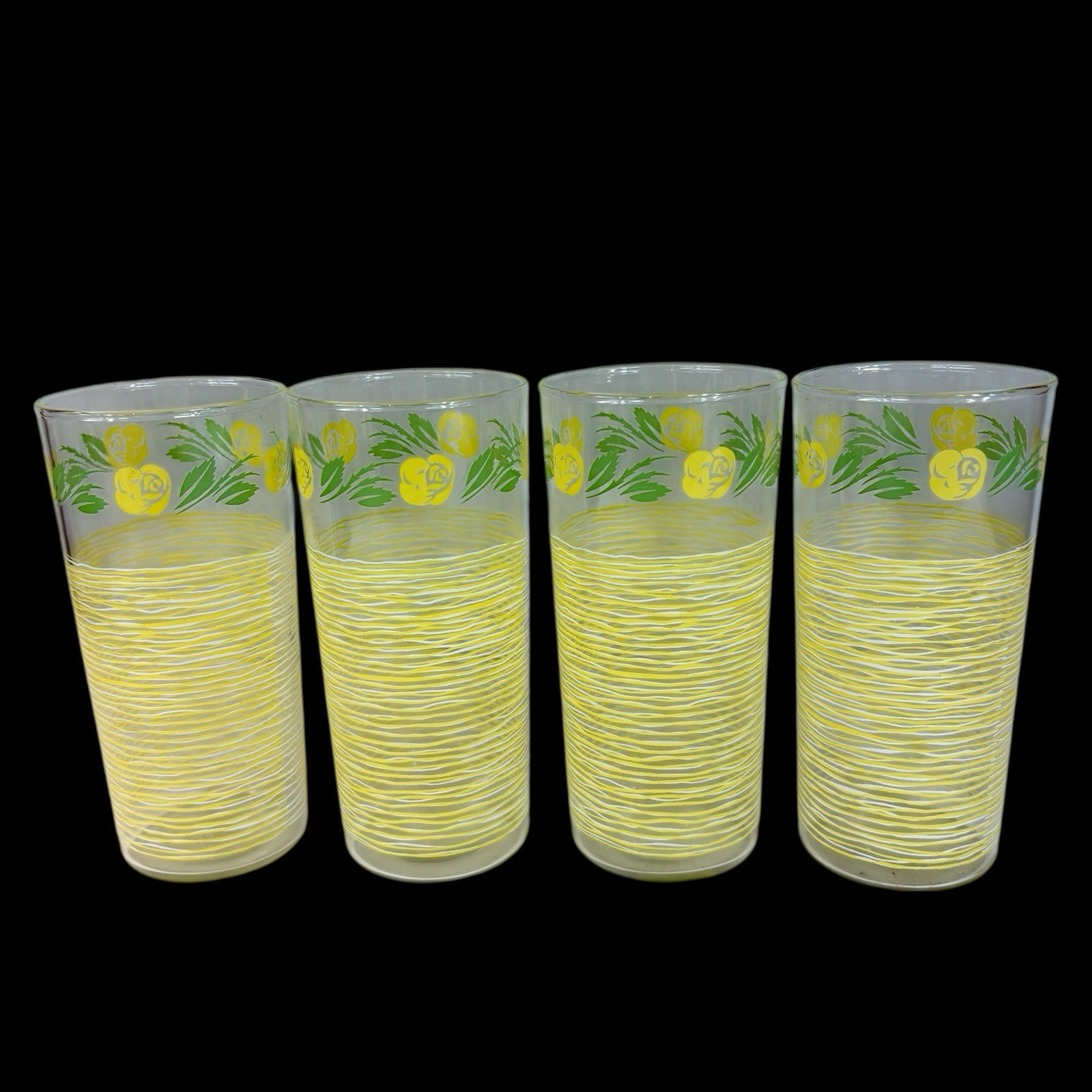 Anchor Hocking Tumblers Yellow Rose & Weave Glasses MCM 15 oz 6" Lot 4 VTG gallery