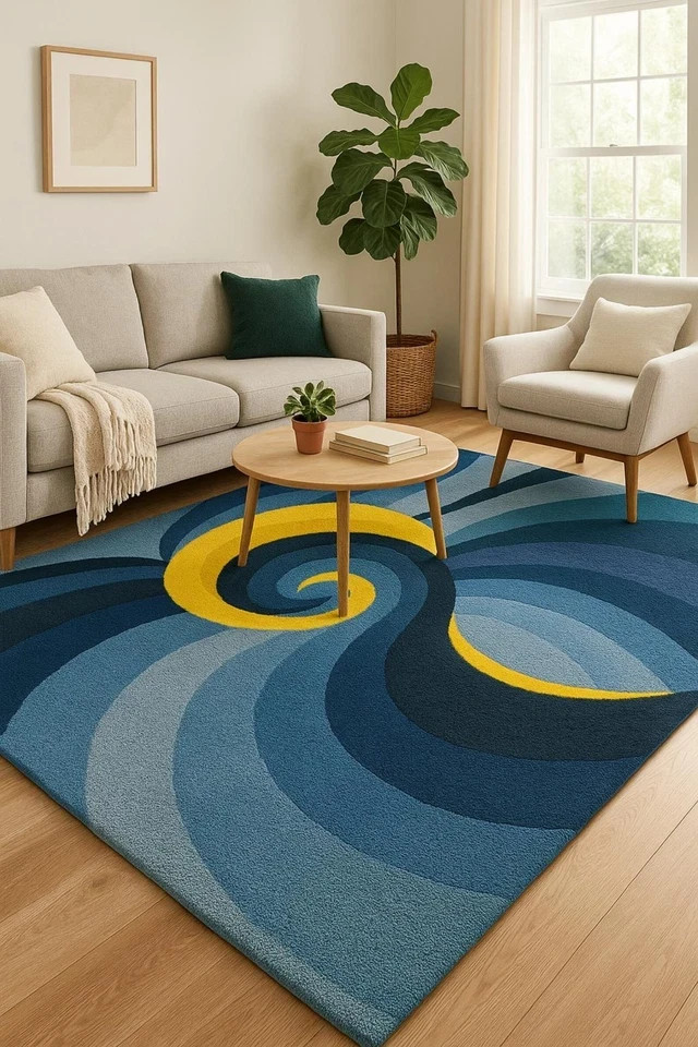 Modern Abstract Hand-Tufted Rug – Blue & Yellow Spiral | Premium Wool Carpet Rug gallery