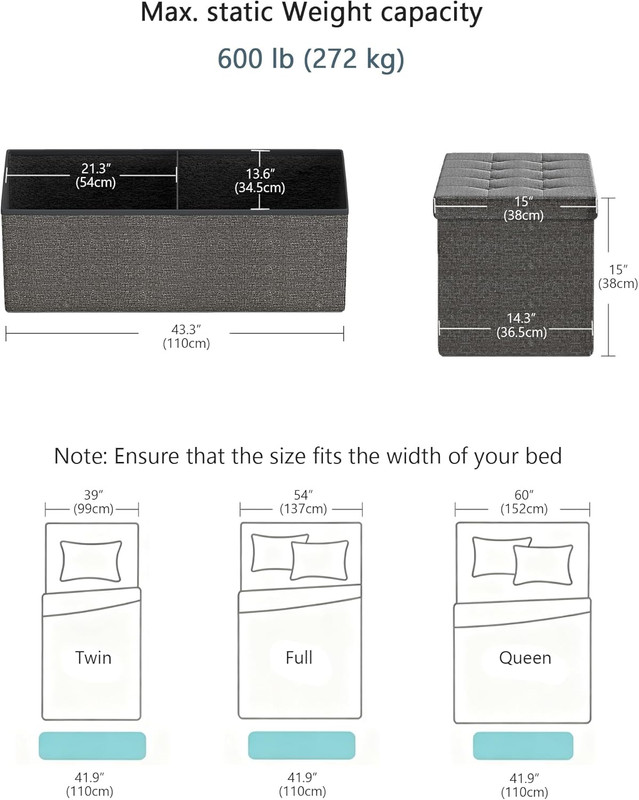 43.3 Inches Folding Storage Ottoman Bench Storage Chest Footrest for Bedroom, En gallery