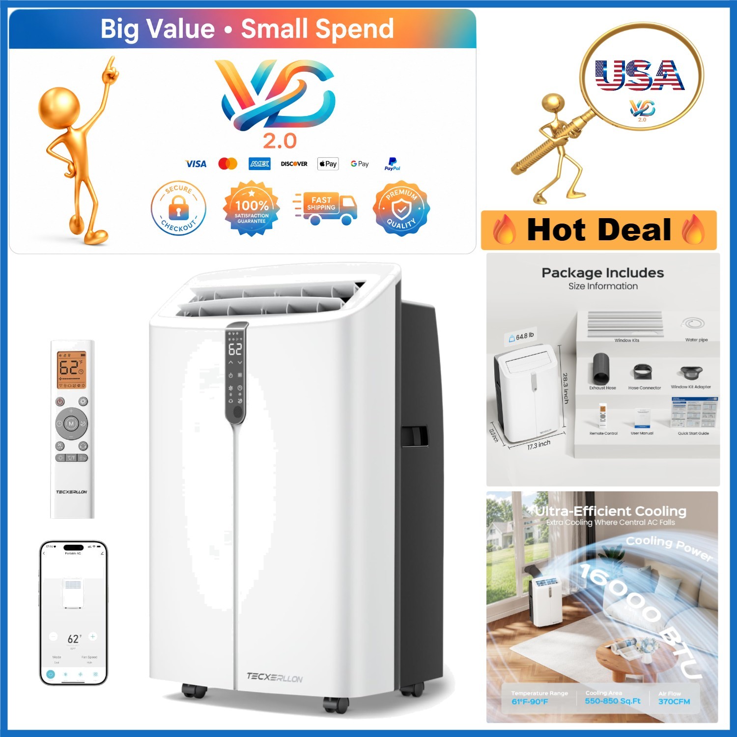 16,000 BTU Portable AC with App & Remote Control, Cools 850 Sq Ft, 4-in-1 deh... gallery