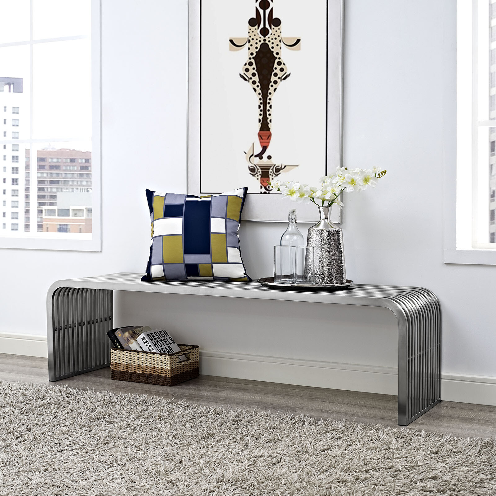 Modway Pipe Contemporary Modern Stainless Steel Metal Bench, 60" gallery