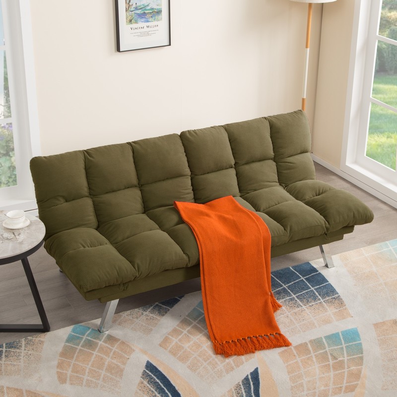 Corduroy 2 Seater Sofa Futon Sleeper Sofa Bed Loveseat For Small Apartment Green gallery