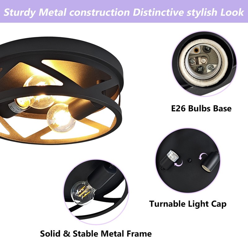 Industrial 2-Light Flush Mount Ceiling Light Matte Black RoundCage Metal Fixture gallery