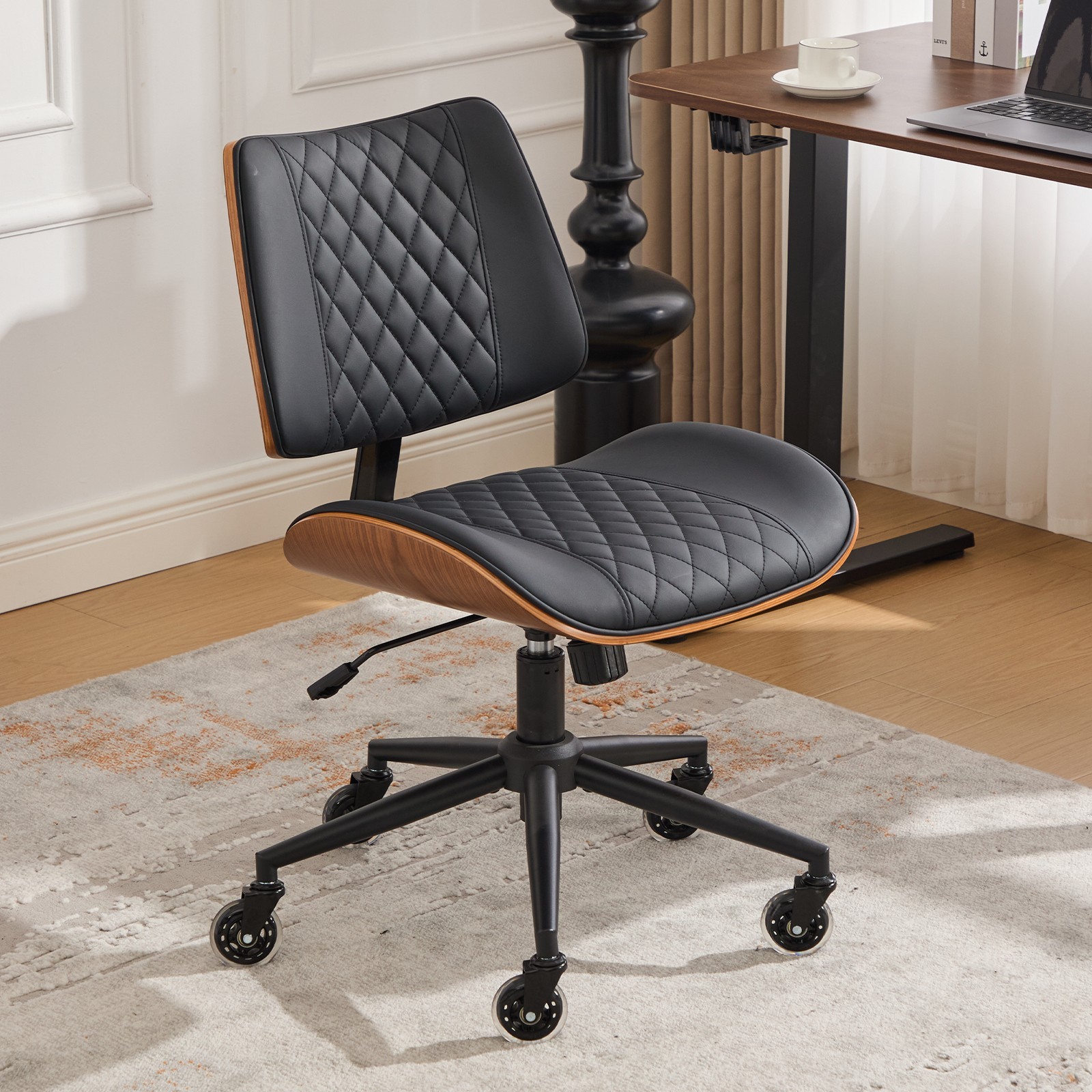 Ergonomic Mid Back Armless Chair, Adjustable Height, 360 Swivel, Brown Leather. gallery