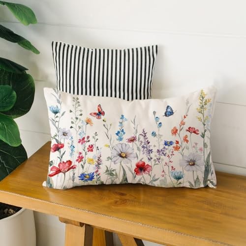 Spring Summer Pillow Cover 12x20 Inch Floral Red Blue Wild Flowers and Blue Red gallery