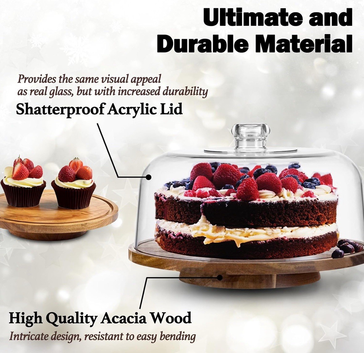 10" Rotating Cake Stand with Acrylic Dome Lid - 360 Degree Acacia Wood Spinni... gallery