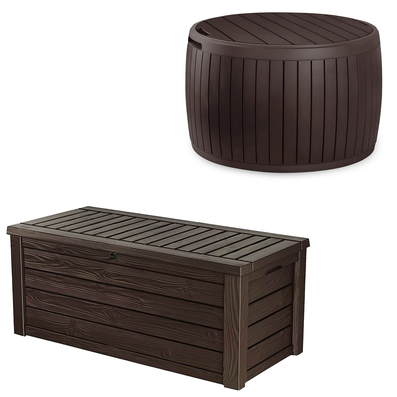 Keter Circa 37 Gal Round Patio Storage Table & Westwood 150 Gal Deck Box, Brown gallery